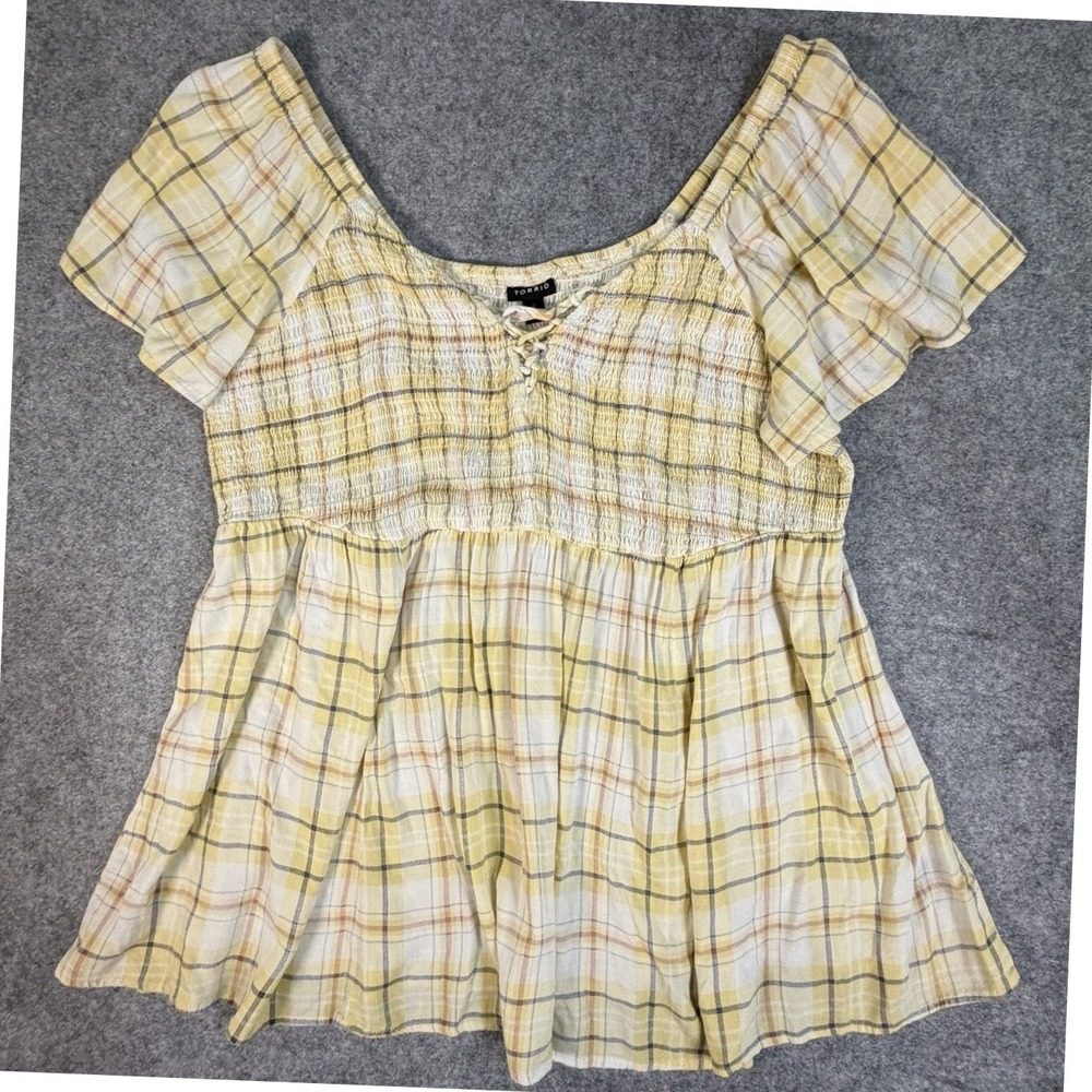 Torrid Yellow Plaid Smocked Lace Up Flutter Sleeve Peasant Top Plus Size 2